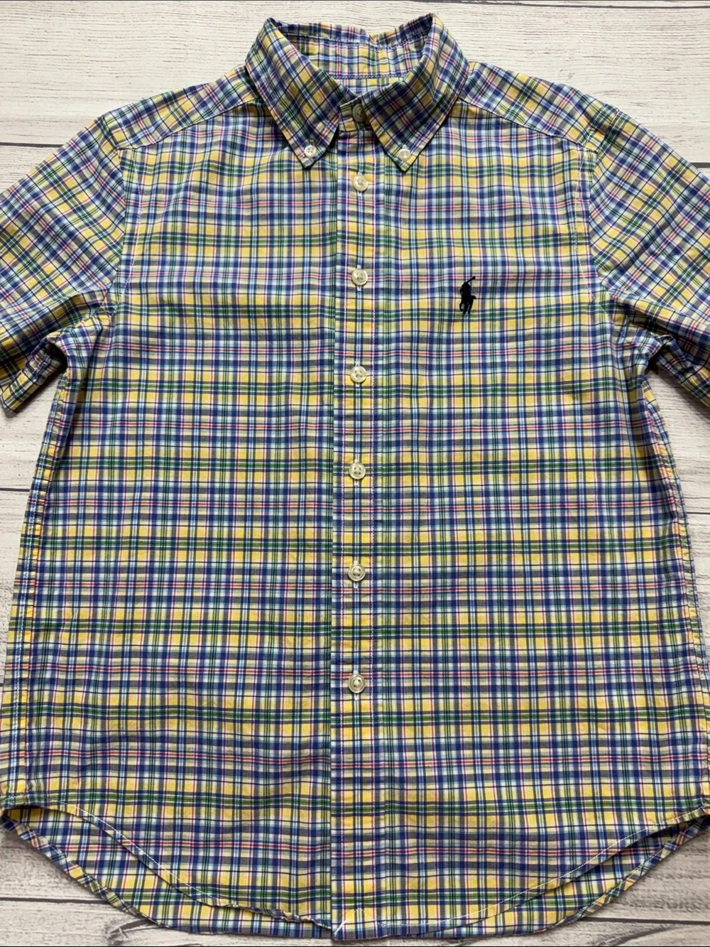 Ralph Lauren Boys Short Sleeve Plaid Button-Down Shirt in Yellow, Blue, & Green